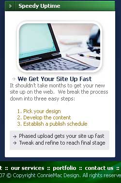 ConnieMac Design helps you plan the web site you want and gets it on-line quickly